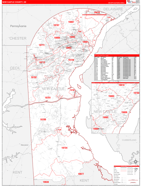 New Castle County, DE Wall Map Red Line Style